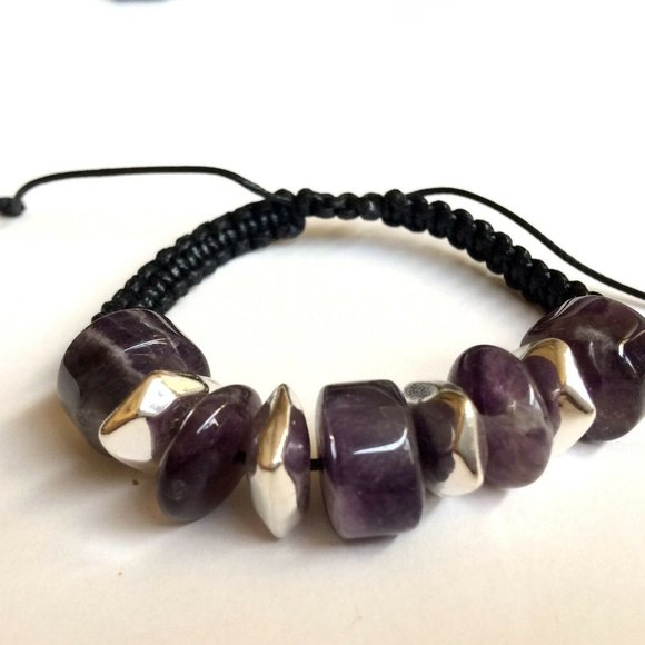 Silver Amethyst Stone Rope Bracelet Purple 6-9" - Picture 10 of 11